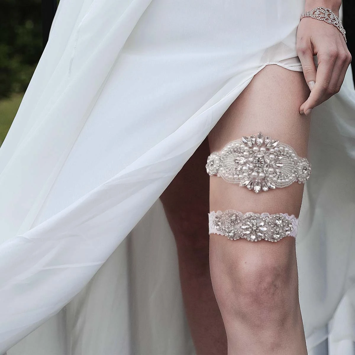 Happy Bridal 2 pcs/set White Lace Elastic Leg Chain Band Rhinestone Pearl Ladies Wedding Leg Band 1