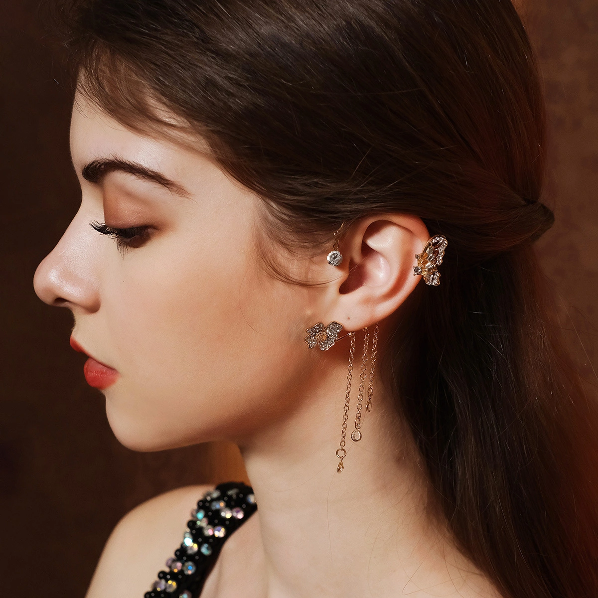 Exquisite Butterfly Rhinestone Ear Cuffs 2 Pcs/Set Trendy Tassel Drop Non-Pierced Hook Earrings 1