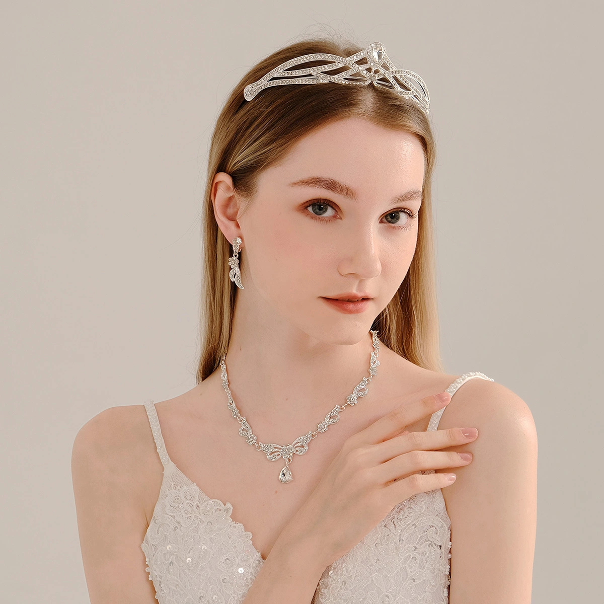 Luxury Bride Wedding Jewelry Set 4 Pcs/Set Fashion Exquisite Rhinestone Crown Necklace Earrings Set 1