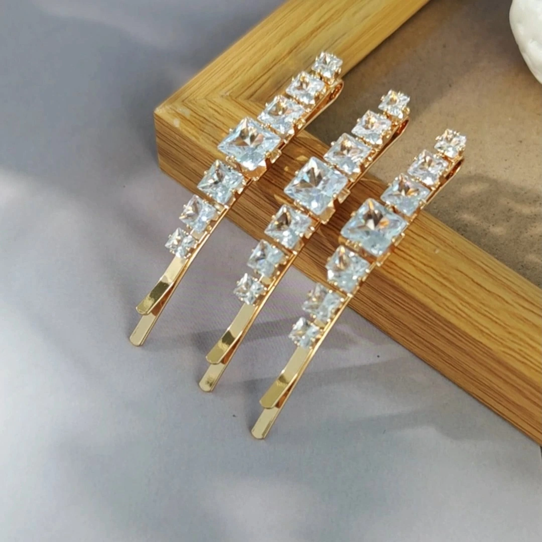 Happy Bridal Fashion Sparkling Square Zircon Bobby Pins 3-Pack Luxury Golden Hair Clips for Prom Party 1